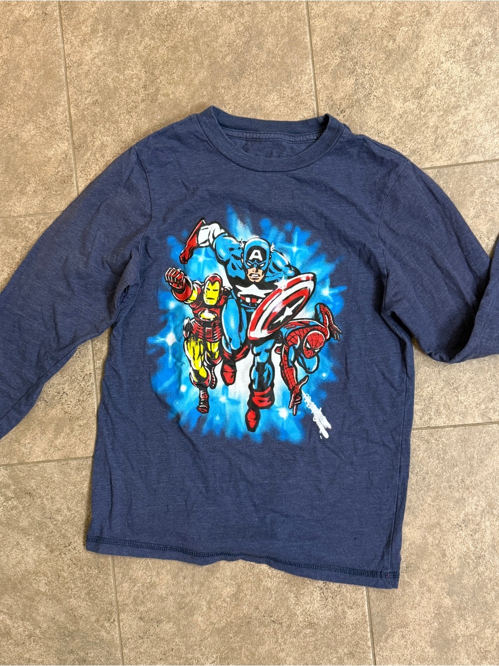 Marvel Boys Long-Sleeve Navy Tee with Red & Blue Superhero Graphic